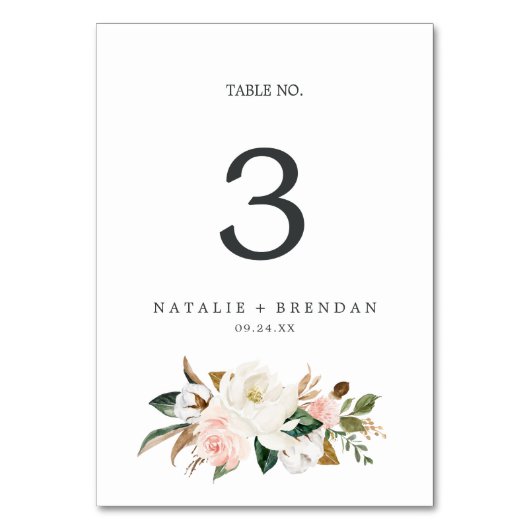 Elegant Magnolia | Wit en Blush Table Number Kaart (Voorkant)