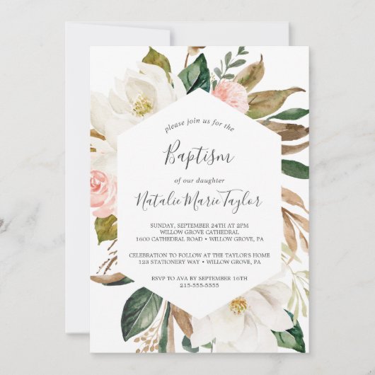 Elegant Magnolia | Witte en Blush Baptisme Kaart (Voorkant)