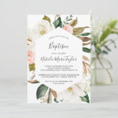 Elegant Magnolia | Witte en Blush Baptisme Kaart (Staand voorkant)