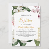 Elegant Magnolia | Witte en Blush Baptisme Kaart (Voorkant)