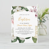 Elegant Magnolia | Witte en Blush Baptisme Kaart (Staand voorkant)