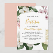 Elegant Magnolia | Witte en Blush Baptisme Kaart (Voorkant / Achterkant)