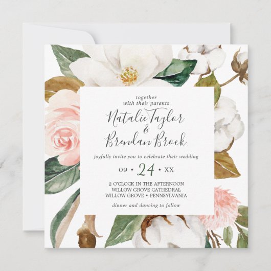Elegant Magnolia | Witte en Blush Square Weddensch Kaart (Voorkant)