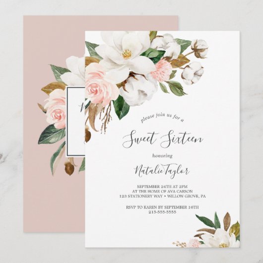 Elegant Magnolia | Witte en Blush Sweet Sixteen Kaart (Voorkant / Achterkant)