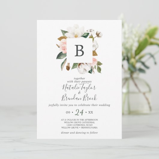 Elegant Magnolia | Witte en zwarte monogram huweli Kaart (Staand voorkant)