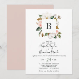 Elegant Magnolia | Witte en zwarte monogram huweli Kaart