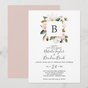 Elegant Magnolia Witte en zwarte monogram huweli Kaart