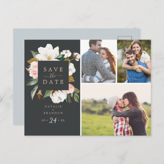 Elegant Magnolia | Zwart 3 Foto Opslaan Datum Uitnodiging Briefkaart (Voorkant / Achterkant)