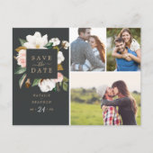 Elegant Magnolia | Zwart 3 Foto Opslaan Datum Uitnodiging Briefkaart (Voorkant)