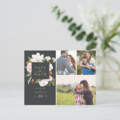 Elegant Magnolia | Zwart 3 Foto Opslaan Datum Uitnodiging Briefkaart (Staand voorkant)