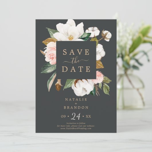 Elegant Magnolia | Zwart sparen de Datum Kaart (Staand voorkant)