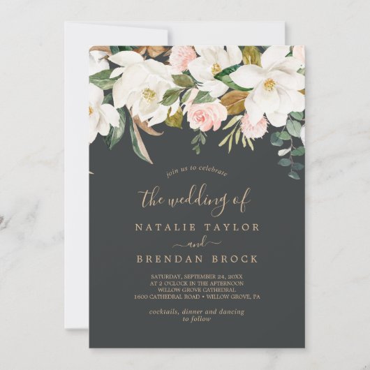 Elegant Magnolia | Zwart-wit De bruiloft van Kaart (Voorkant)