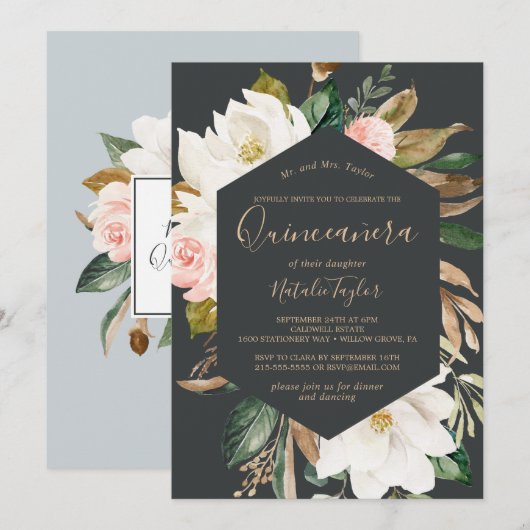 Elegant Magnolia | Zwart-wit Quinceañera Kaart (Voorkant / Achterkant)