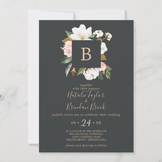 Elegant Magnolia | Zwart-witmonogram huwelijk Kaart (Voorkant)