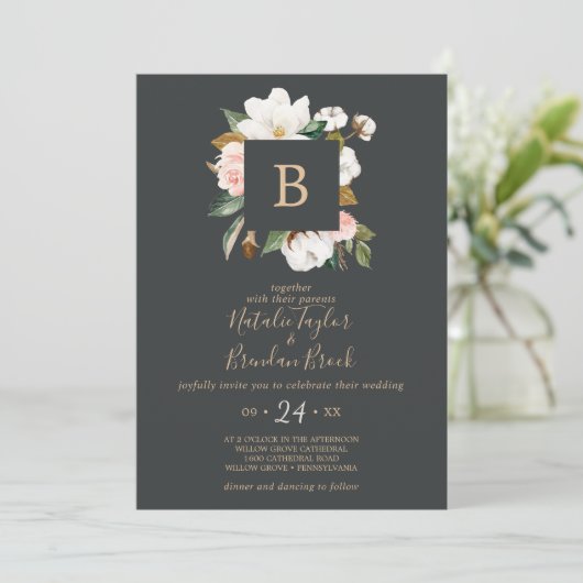 Elegant Magnolia | Zwart-witmonogram huwelijk Kaart (Staand voorkant)