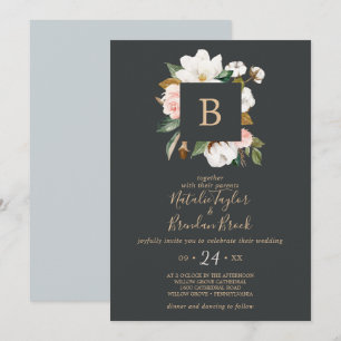 Elegant Magnolia Zwart-witmonogram huwelijk Kaart
