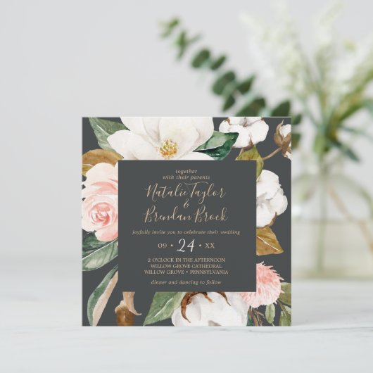 Elegant Magnolia | Zwart-witplein bruiloft Kaart (Staand voorkant)