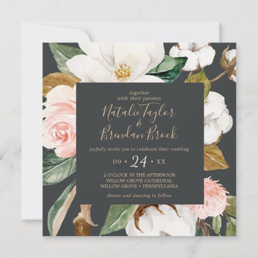 Elegant Magnolia | Zwart-witplein bruiloft Kaart (Voorkant)