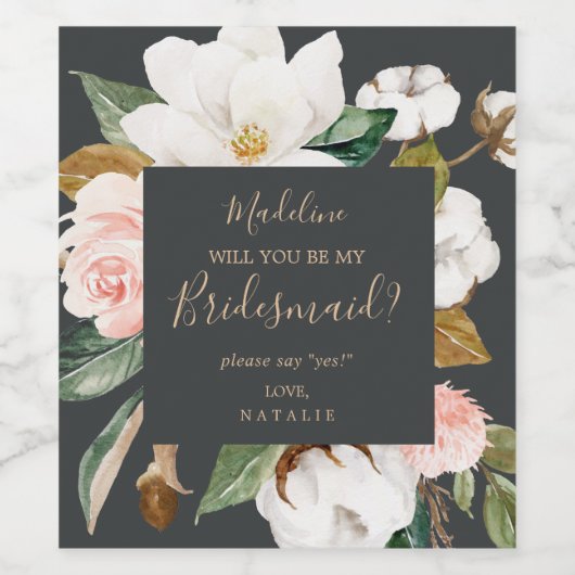 Elegant Magnolia | Zwarte-Bridesmaid-voorstel Wijn Etiket (Enkel label)
