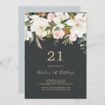 Elegant Magnolia | Zwarte en witte 21e verjaardag Kaart<br><div class="desc">Deze elegante magnolia zwarte en witte 21ste verjaardagsuitnodiging is perfect voor een modern lesevenement. Het ontwerp van de roodflorale waterverf is voorzien van roze bruine pinda's, verbluffende witte magnoliumbloemen en katoen met gouden en groene bladeren in een luxueuze opstelling op een donkere achtergrond. Pas de achterzijde van de kaart aan...</div>