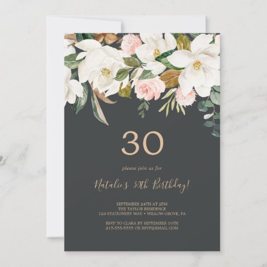 Elegant Magnolia | Zwarte en witte 30e verjaardag Kaart (Voorkant)