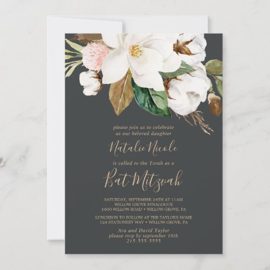 Elegant Magnolia | Zwarte en witte vlek Mitzvah Kaart (Voorkant)