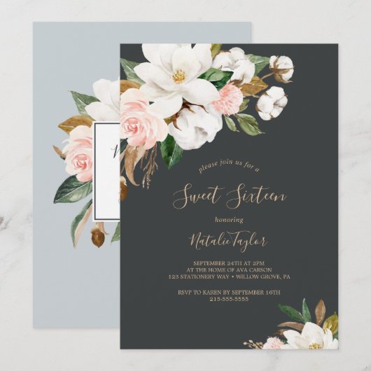 Elegant Magnolia | Zwarte en witte zoete zestien Kaart (Voorkant / Achterkant)