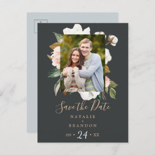 Elegant Magnolia   Zwarte foto slaat de datum op Uitnodiging Briefkaart
