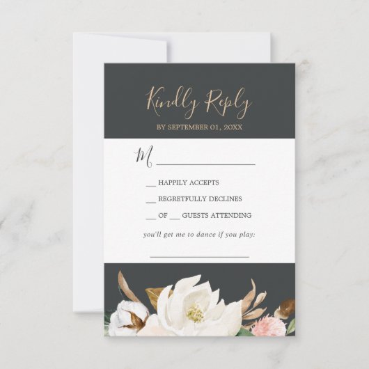 Elegant Magnolia | Zwarte Song Request RSVP Card (Voorkant)