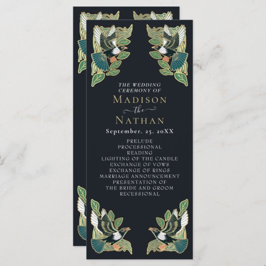 Elegant Magpie Art Nouveau huwelijksprogramma Programmakaart (Voorkant / Achterkant)