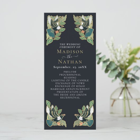 Elegant Magpie Art Nouveau huwelijksprogramma Programmakaart (Staand voorkant)