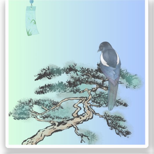 Elegant Magpie Bird Bonsai Aesthetic Sticker  (Voorkant)