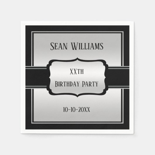 Elegant Man Silver & Black Verjaardag Servet (Voorkant)