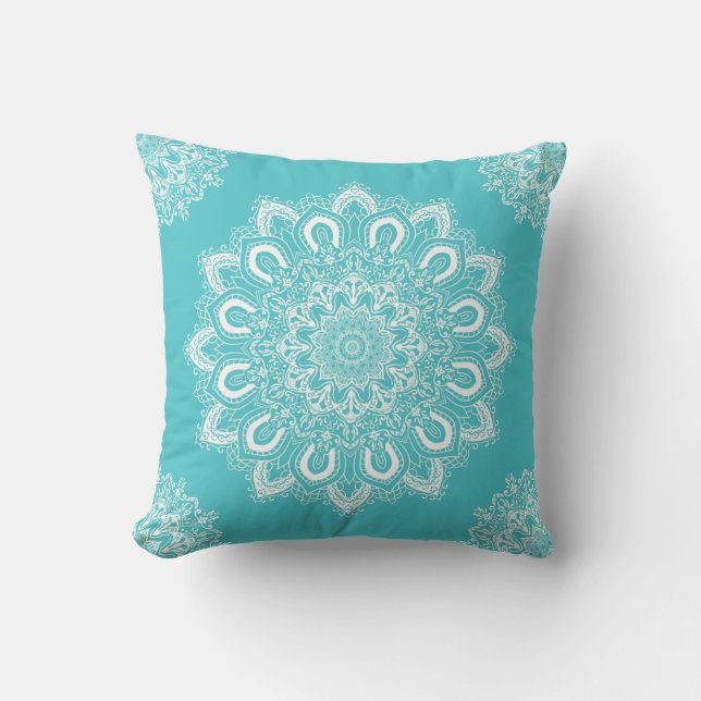 Elegant Mandala Aqua Turquoise Blauwgroen Buitenkussen (Voorkant)