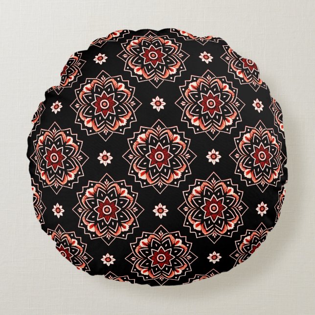 Elegant Mandala Boho Bloemenpatroon Rond Kussen (Voorkant)