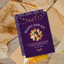 Elegant Mandala custom Foto Paarse Dipawali Feestdagenkaart