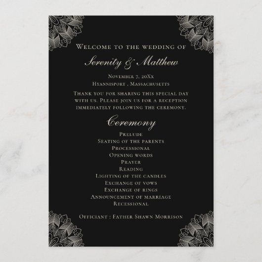 Elegant Mandala Indian Black Boho Wedding Program Programmakaart (Voorkant)