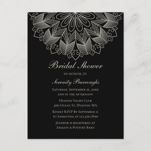 Elegant Mandala Indian Boho Black Bridal Shower Uitnodiging Briefkaart (Voorkant)