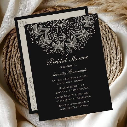 Elegant Mandala Indian Boho Black Bridal Shower Uitnodiging Briefkaart