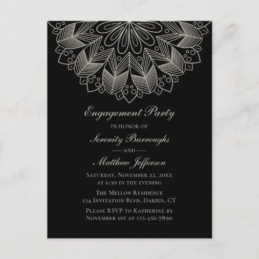 Elegant Mandala Indian Boho Black Engagement Party Uitnodiging Briefkaart (Voorkant)