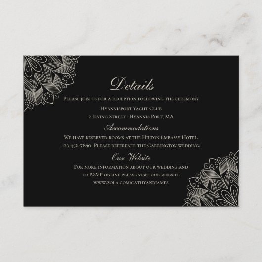 Elegant Mandala Indian Boho Black Wedding Details Informatiekaartje (Voorkant)