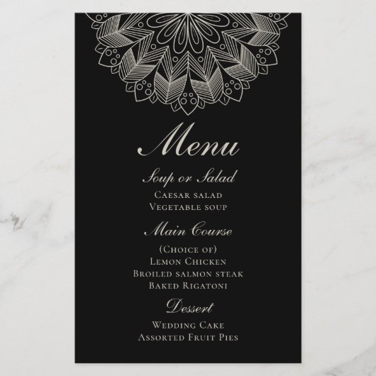 Elegant Mandala Indian Boho Black Wedding Menu (Voorkant)