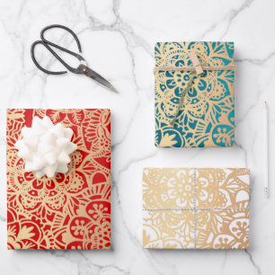 Elegant Mandala Pattern Red Green Gold Inpakpapier Vel