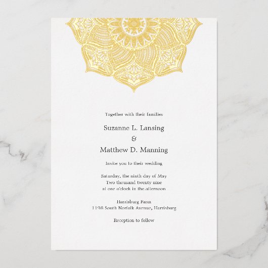 Elegant Mandala REAL GOLD FOIL bruiloft Folie Uitnodiging (Voorkant)