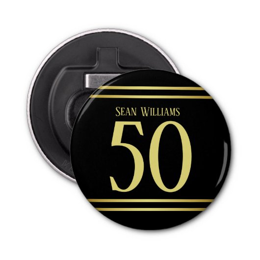 Elegant mannelijk goud & zwart verjaardag button flesopener (Voorkant)