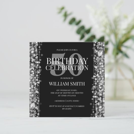 Elegant Mannen Birthday Party Sparkles Silver Kaart (Staand voorkant)