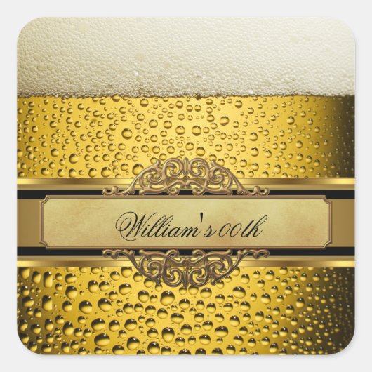 Elegant Mans Beer Black Gold Birthday Party Mannen Vierkante Sticker (Voorkant)