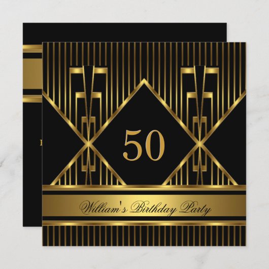 Elegant Mans Black Gold Stripe Birthday Party Mann Kaart (Voorkant / Achterkant)