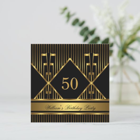 Elegant Mans Black Gold Stripe Birthday Party Mann Kaart (Staand voorkant)