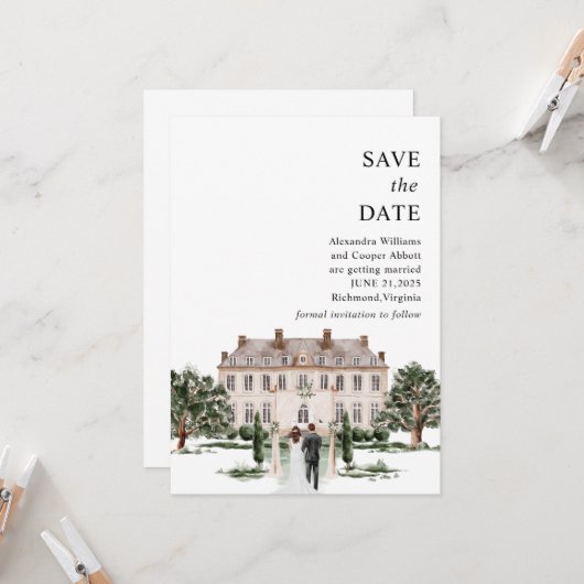 Elegant Mansion Estate Save the Date Kaart (Voorkant / Achterkant in situ)